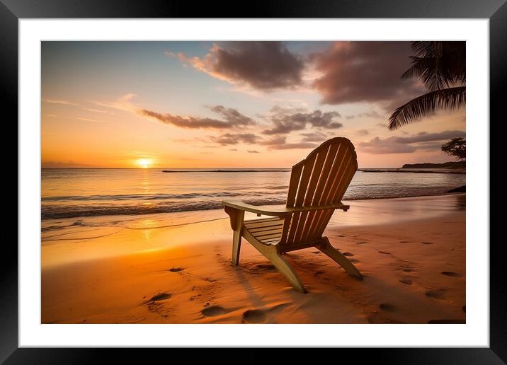 Beach chair on tropical beach at sunset. Generative AI Framed Mounted Print by Lubos Chlubny