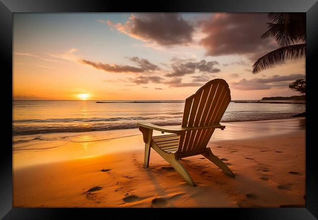 Beach chair on tropical beach at sunset. Generative AI Framed Print by Lubos Chlubny