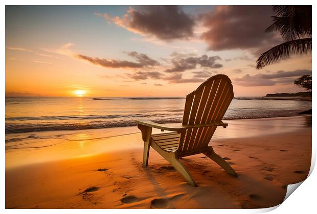 Beach chair on tropical beach at sunset. Generative AI Print by Lubos Chlubny
