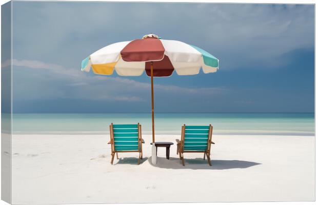 Beach chairs and umbrella on a white sandy beach. Generative AI Canvas Print by Lubos Chlubny