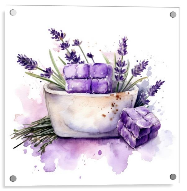 Watercolor illustration of lavender flowers and lavender soap in bowl - Generative AI Acrylic by Lubos Chlubny