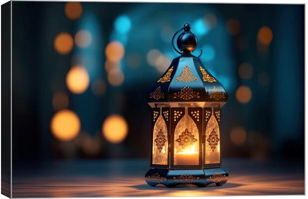 Ornamental Arabic lantern with burning candle glowing at night. Muslim holy month Ramadan Kareem. Generative AI Canvas Print by Lubos Chlubny
