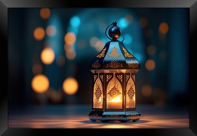 Ornamental Arabic lantern with burning candle glowing at night. Muslim holy month Ramadan Kareem. Generative AI Framed Print by Lubos Chlubny