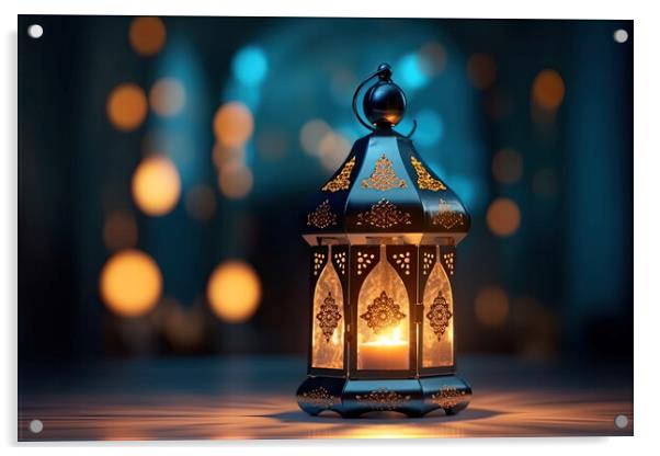 Ornamental Arabic lantern with burning candle glowing at night. Muslim holy month Ramadan Kareem. Generative AI Acrylic by Lubos Chlubny