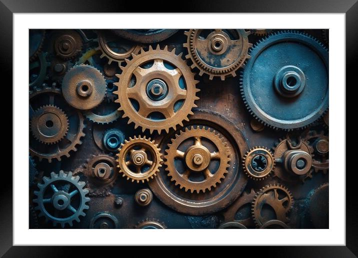 Mechanical gears, industrial vintage style. Generative AI Framed Mounted Print by Lubos Chlubny
