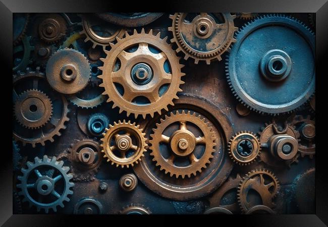 Mechanical gears, industrial vintage style. Generative AI Framed Print by Lubos Chlubny