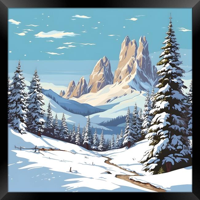 Winter in the mountains of the Italian Dolomites. Cartoon snowy mountain landscape. Generative AI Framed Print by Lubos Chlubny