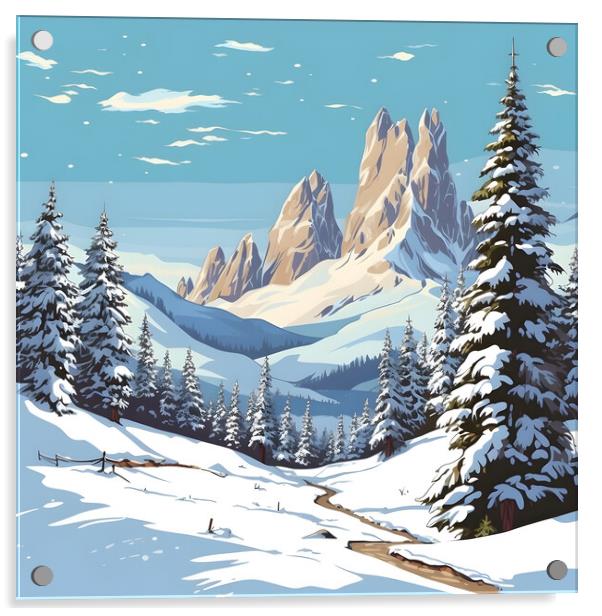 Winter in the mountains of the Italian Dolomites. Cartoon snowy mountain landscape. Generative AI Acrylic by Lubos Chlubny