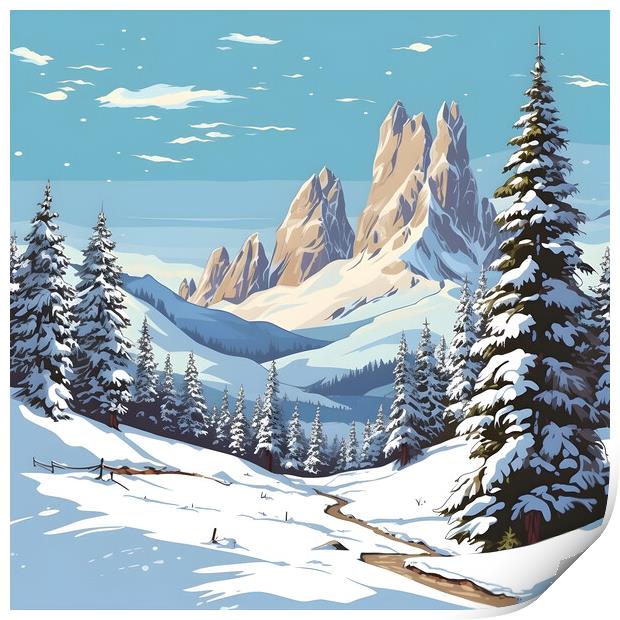 Winter in the mountains of the Italian Dolomites. Cartoon snowy mountain landscape. Generative AI Print by Lubos Chlubny