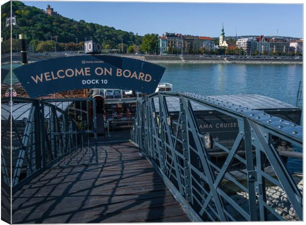Welcome on Board on Danube River Cruise, Budapest, Hungary. Canvas Print by Maggie Bajada