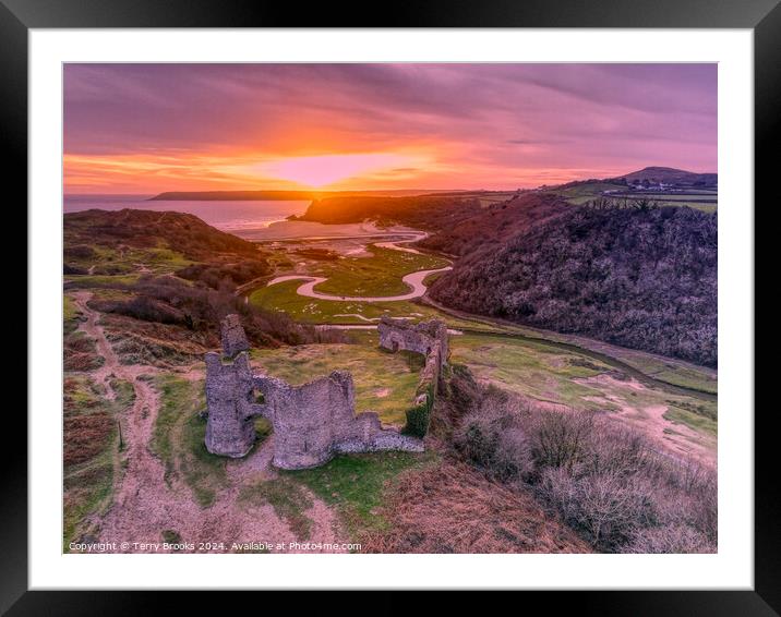 Pennard Castle and Three Cliffs Bay Sunset Framed Mounted Print by Terry Brooks