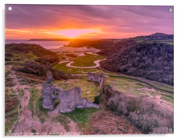 Pennard Castle and Three Cliffs Bay Sunset Acrylic by Terry Brooks