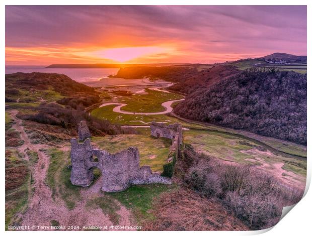 Pennard Castle and Three Cliffs Bay Sunset Print by Terry Brooks
