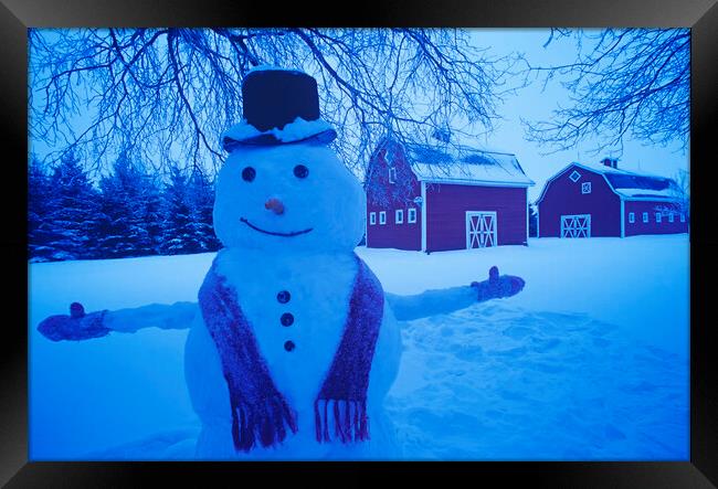 Snowman in Front of Barns Framed Print by Dave Reede