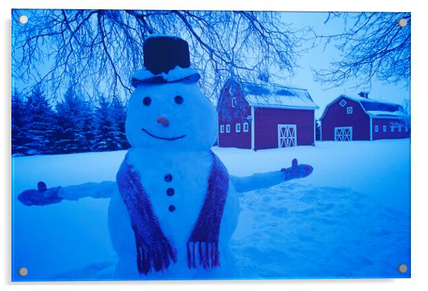 Snowman in Front of Barns Acrylic by Dave Reede
