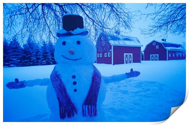 Snowman in Front of Barns Print by Dave Reede