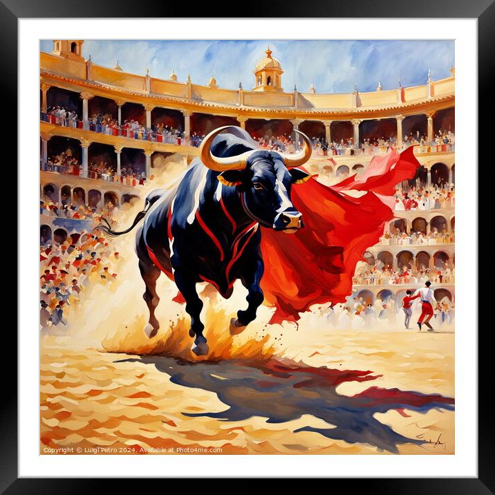 The last charge of a fighting bull. Framed Mounted Print by Luigi Petro