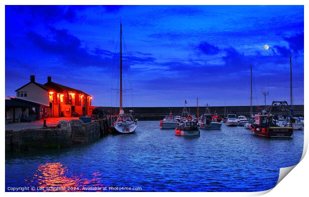 Blue Hour at Lyme Regis Harbour Print by Les Schofield