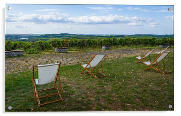 White Wooden Deck Chairs with Italian Scenery Land Acrylic by Maggie Bajada