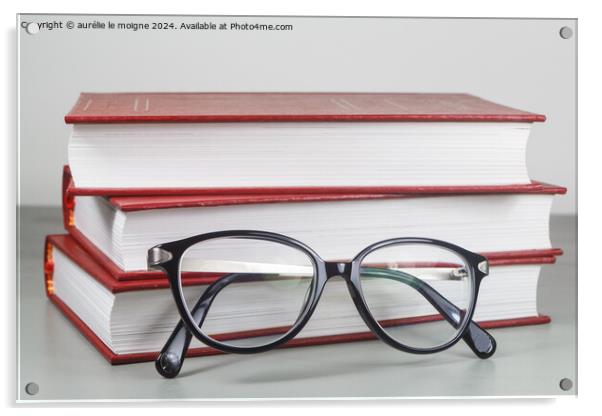 Heap of red books and glasses Acrylic by aurélie le moigne