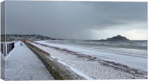 St Michaels mount Marazion Cornwall, snow hail, wind, sleet rain Canvas Print by kathy white