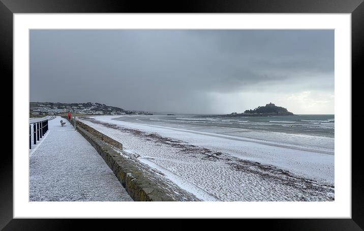 St Michaels mount Marazion Cornwall, snow hail, wind, sleet rain Framed Mounted Print by kathy white
