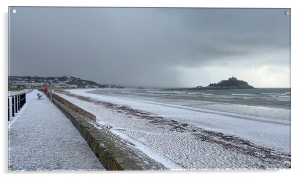 St Michaels mount Marazion Cornwall, snow hail, wind, sleet rain Acrylic by kathy white