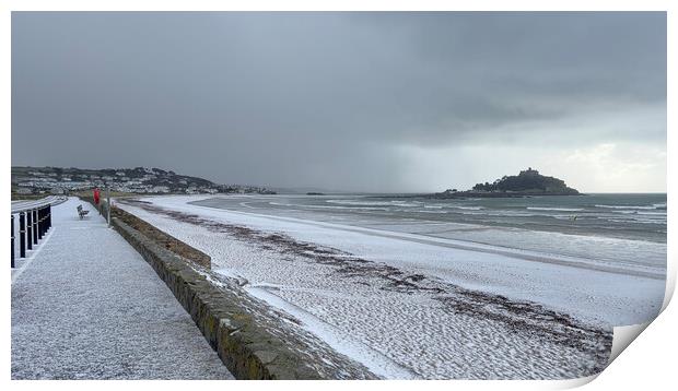 St Michaels mount Marazion Cornwall, snow hail, wind, sleet rain Print by kathy white