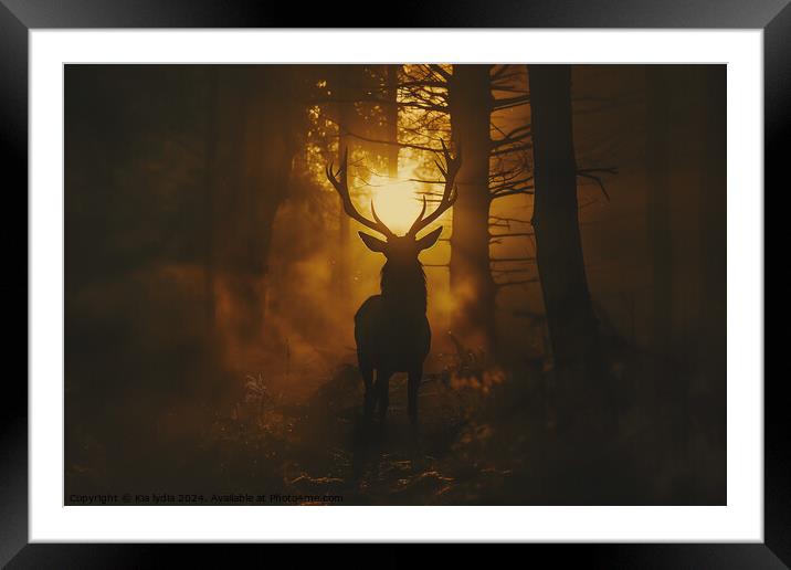 Stag in the woods Framed Mounted Print by Kia lydia