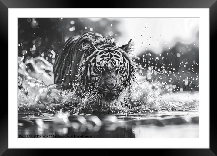 Tiger running through water Framed Mounted Print by Kia lydia