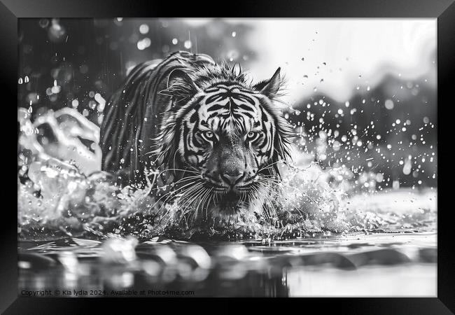 Tiger running through water Framed Print by Kia lydia