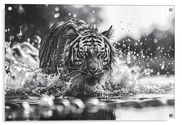 Tiger running through water Acrylic by Kia lydia