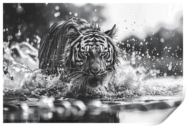 Tiger running through water Print by Kia lydia