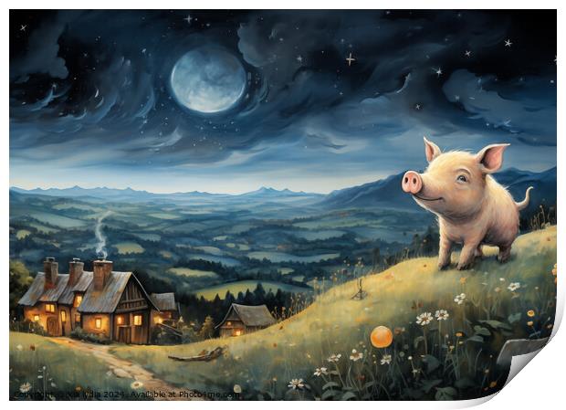 Pig on a hill Print by Kia lydia