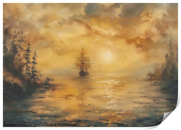 Galleon at sunset Print by Kia lydia