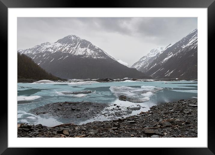 Ice sheets on Valdez Glacier Lake with distance mountains in rain and mist, Valdez, Alaska, USA Framed Mounted Print by Dave Collins