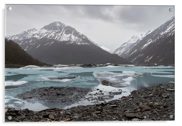 Ice sheets on Valdez Glacier Lake with distance mountains in rain and mist, Valdez, Alaska, USA Acrylic by Dave Collins