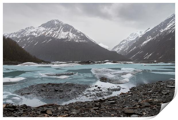 Ice sheets on Valdez Glacier Lake with distance mountains in rain and mist, Valdez, Alaska, USA Print by Dave Collins