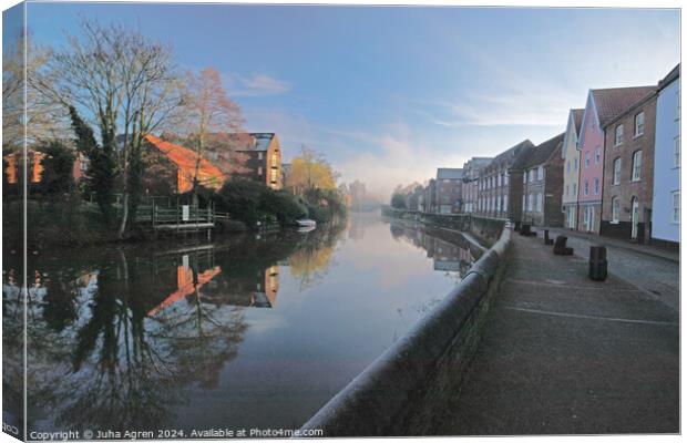 Foggy winter morning in Norwich Quayside Canvas Print by Juha Agren