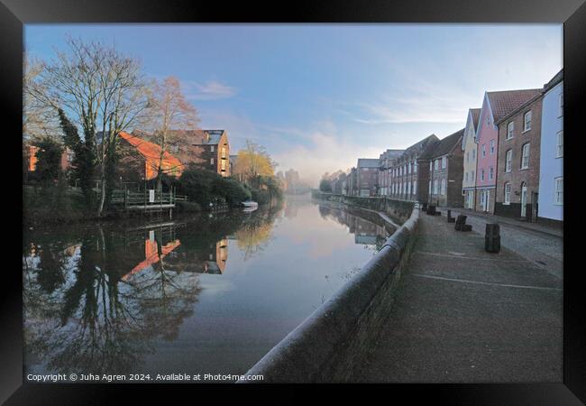 Foggy winter morning in Norwich Quayside Framed Print by Juha Agren