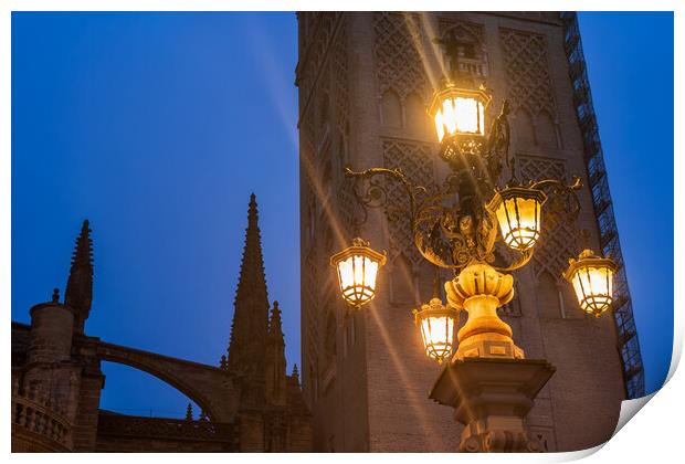Fuente De La Farola Lamp Against Giralda Tower In Seville Print by Artur Bogacki