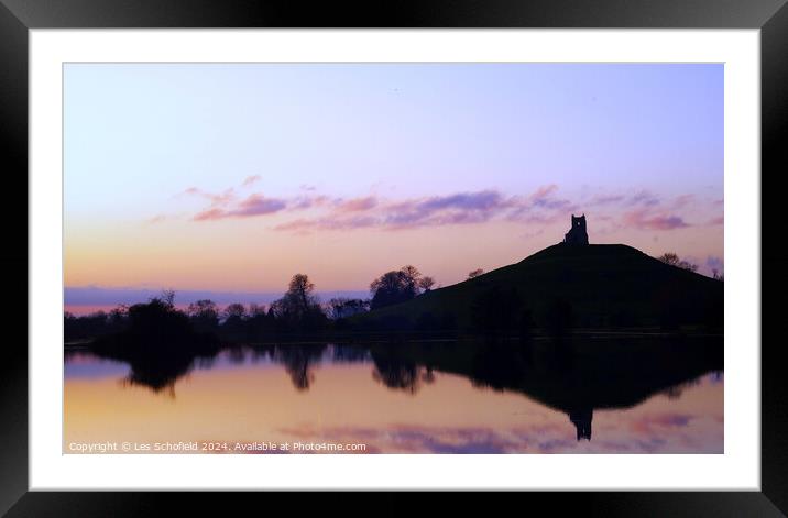 Burrow Mump with Flooded Fields Framed Mounted Print by Les Schofield