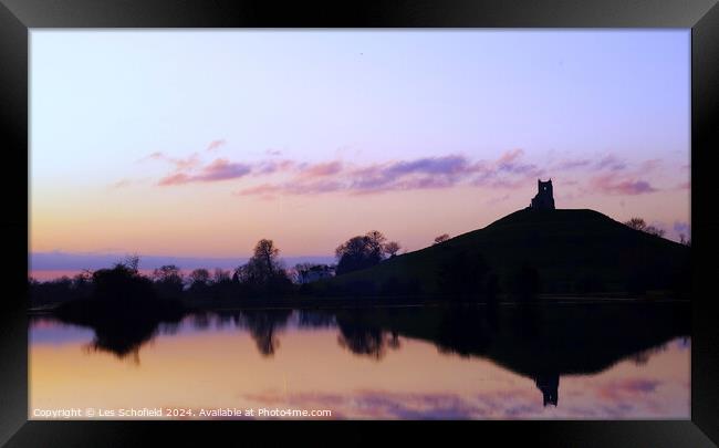 Burrow Mump with Flooded Fields Framed Print by Les Schofield