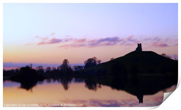 Burrow Mump with Flooded Fields Print by Les Schofield