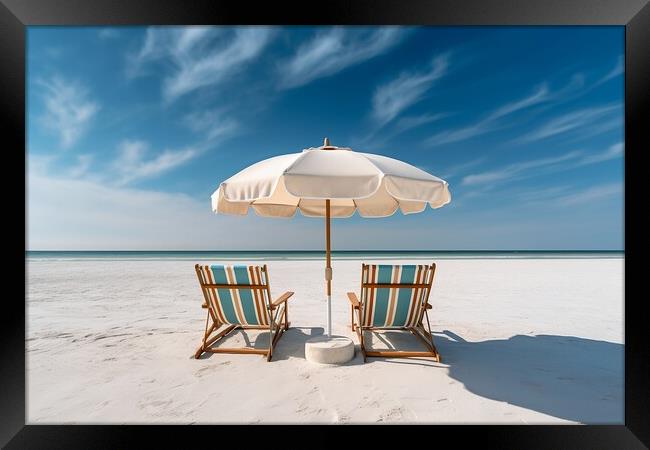 Beach chairs and umbrella on a white sandy beach. Generative AI Framed Print by Lubos Chlubny