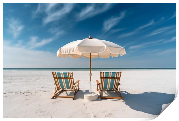 Beach chairs and umbrella on a white sandy beach. Generative AI Print by Lubos Chlubny