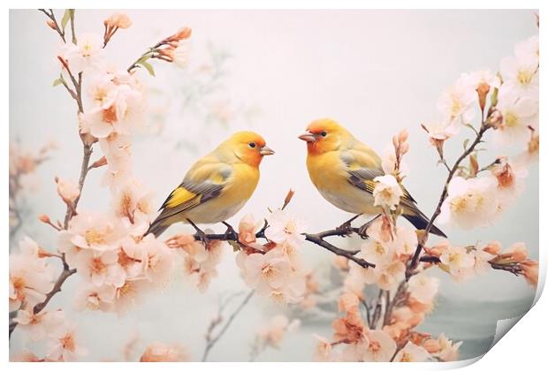 Pair of yellow birds in spring nature. Pastel color style in pink tones - Generative AI Print by Lubos Chlubny