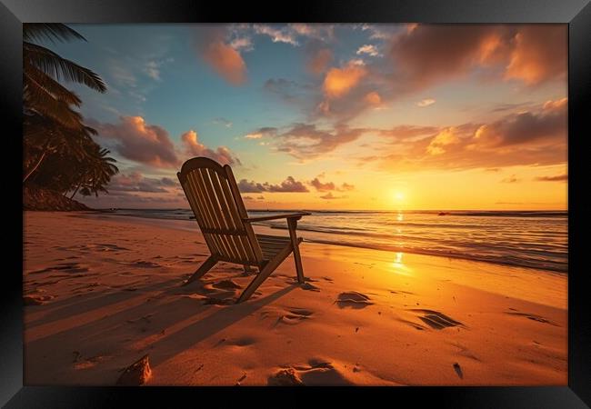 Beach chair on tropical beach at sunset. Generative AI Framed Print by Lubos Chlubny