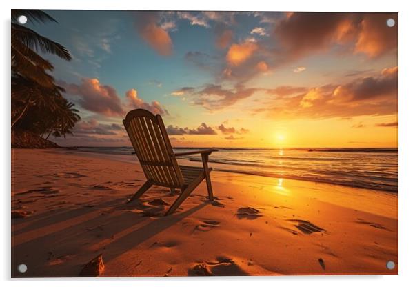 Beach chair on tropical beach at sunset. Generative AI Acrylic by Lubos Chlubny