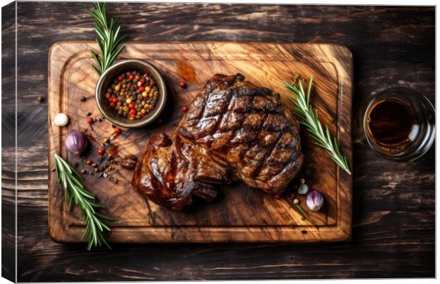 Grilled meat barbecue steak on wooden cutting board with rosemary and copy space. Top view. Canvas Print by Lubos Chlubny